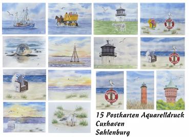 15 Postkarten Cuxhaven Sahlenburg verschiedene Kunstpostkarten Strand Sonnenuntergang Meer Düne Robbe - Aquarell - Rückseite Cuxhaven